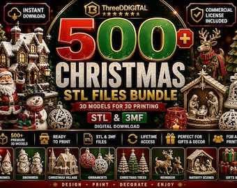 Può includere: Un pacchetto digitale di oltre 500 file STL natalizi per la stampa 3D, con il testo 500+ CHRISTMAS STL FILES BUNDLE. L'immagine mostra vari modelli 3D, tra cui Babbo Natale, pupazzi di neve, renne, presepi, ornamenti e alberi di Natale.