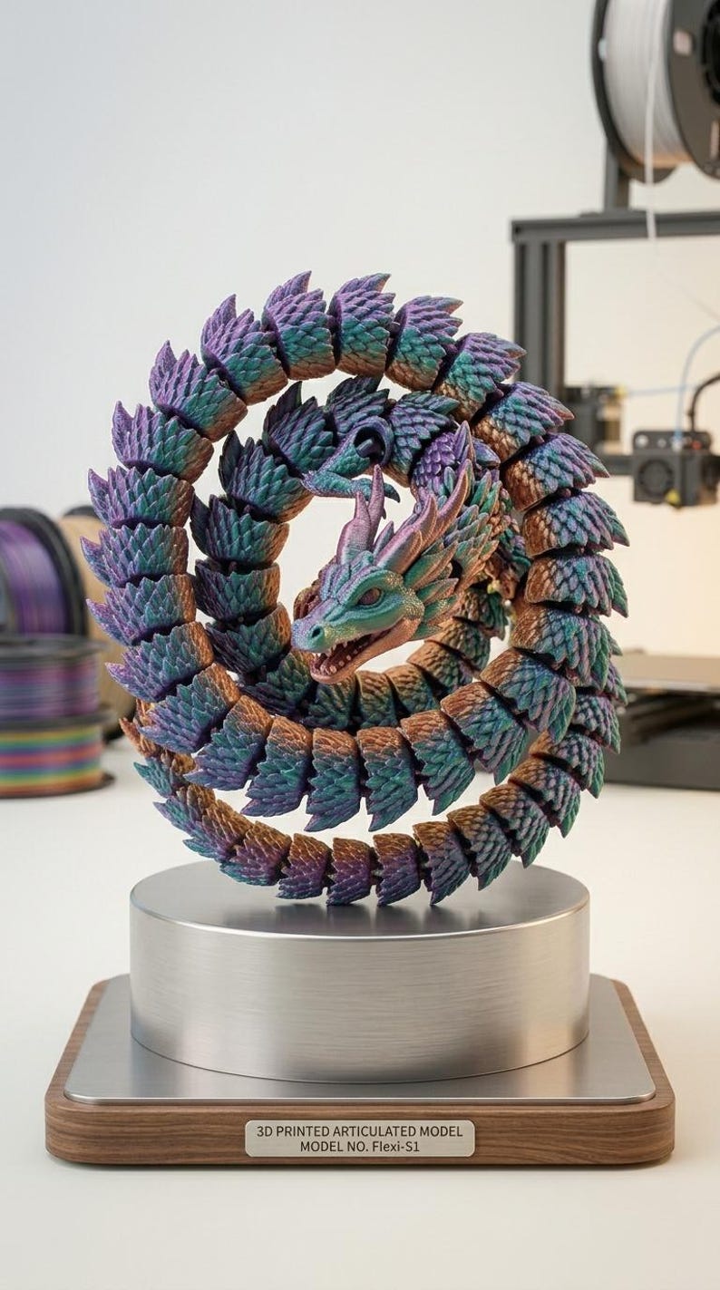 May include: A 3D-printed articulated dragon model in shades of purple, teal, and bronze, coiled on a silver and wood base. The dragon has detailed scales and a fierce expression. The base has a label that reads "3D PRINTED ARTICULATED MODEL MODEL NO. Flexi-S1."
