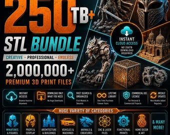 Könnte beinhalten: Eine digitale Sammlung von über 250 TB an STL-Dateien für den 3D-Druck, mit einem Krieger, Helm, Gebäude, mechanischen Wolf und einem komplexen Würfel. Enthält sofortigen Cloud-Zugriff, eine kommerzielle Lizenz und verschiedene Kategorien wie Miniaturen, Requisiten, Architektur, Fahrzeuge, Tiere und funktionale Drucke.
