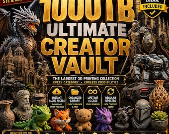 Könnte beinhalten: Eine digitale Werbegrafik für eine 3D-Druck-Sammlung mit dem Titel 1000TB Ultimate Creator Vault. Das Bild zeigt goldenen Text, einen großen Drachen, einen Ritter, einen futuristischen Roboter, einen Sportwagen und verschiedene kleine Figuren.