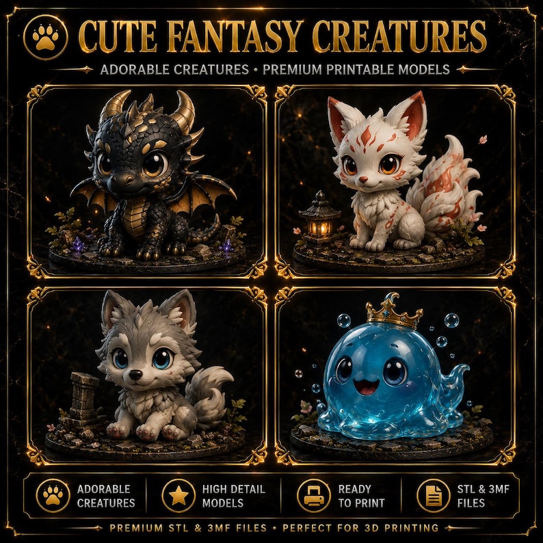 Pu&ograve; includere: Un display digitale che mostra quattro modelli stampabili in 3D etichettati CUTE FANTASY CREATURES. Il set include un drago nero, una volpe bianca con segni rossi, un cucciolo di lupo grigio e una creatura gelatinosa blu traslucida con corona.