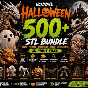 500+ Halloween STL-paket | Flexi Fidgets, skelett, spöken, pumpor och läskig dekor | 3D-utskriftsfiler