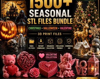 Könnte beinhalten: Eine digitale Werbegrafik für ein Paket mit über 1500 saisonalen STL-Dateien für den 3D-Druck. Das Bild zeigt Symbole zu Halloween, Weihnachten und Valentinstag, darunter einen Kürbis, ein Gespenst, einen Totenkopf, einen Weihnachtsbaum.