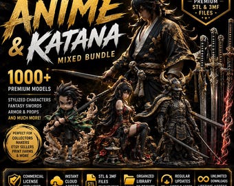 Könnte beinhalten: Ein digitales Paket mit über 1000 3D-druckbaren STL- und 3MF-Dateien von Anime-Charakteren, Fantasy-Schwertern, Rüstungen und Requisiten. Die Grafik zeigt detaillierte Figuren und Schwerter mit dem Text Ultimate Anime & Katana Mixed Bundle.