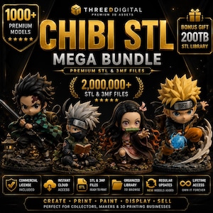 Pu&ograve; includere: Una grafica promozionale digitale per un Chibi STL Mega Bundle con quattro statuette in stile anime. Il testo include 1000+ Premium Models, 2.000.000+ STL & 3MF Files e Bonus Gift 200TB STL Library. Le icone indicano licenza commerciale e accesso a vita.
