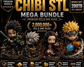 Könnte beinhalten: Eine digitale Werbegrafik für ein Chibi STL Mega Bundle mit vier Anime-Figuren. Der Text enthält 1000+ Premium Models, 2.000.000+ STL & 3MF Files und Bonus Gift 200TB STL Library. Symbole weisen auf eine kommerzielle Lizenz und lebenslangen Zugriff hin.