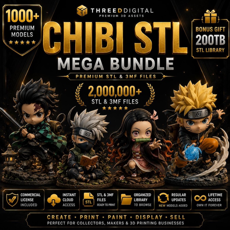 Pu&ograve; includere: Una grafica promozionale digitale per un Chibi STL Mega Bundle con quattro statuette in stile anime. Il testo include 1000+ Premium Models, 2.000.000+ STL & 3MF Files e Bonus Gift 200TB STL Library. Le icone indicano licenza commerciale e accesso a vita.