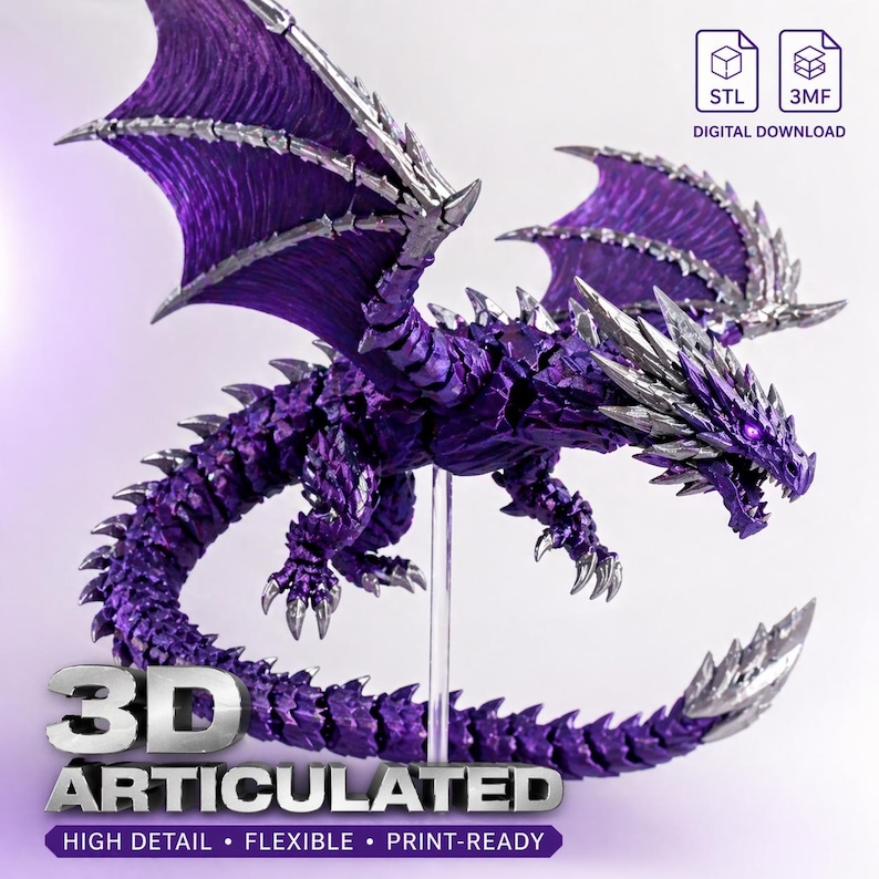 May include: A detailed purple dragon figurine with silver accents on its wings, claws, and spines. The dragon is articulated and has the words "3D ARTICULATED" and "HIGH DETAIL &bull; FLEXIBLE &bull; PRINT-READY" printed on the image. Digital download options are also shown.