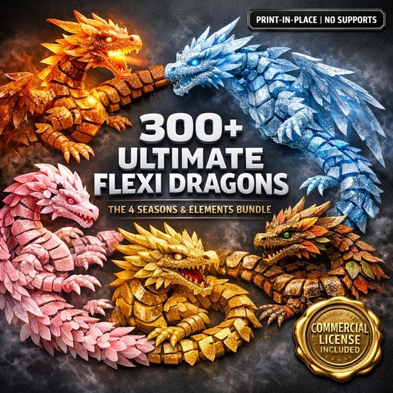 300 Flexi Dragons STL Bundle | Fire & 4 Seasons Dragons | Articulated Dragon 3D Print Files | Flexible Dragon Pack | Instant Download