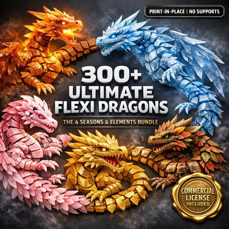 300 Flexi Dragons STL Bundle | Fire & 4 Seasons Dragons | Articulated Dragon 3D Print Files | Flexible Dragon Pack | Instant Download image 1