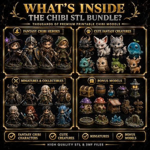 Pu&ograve; includere: Un annuncio digitale intitolato WHAT'S INSIDE THE CHIBI STL BUNDLE? che mostra quattro sezioni categorizzate di figurine in miniatura, inclusi eroi fantasy, creature, oggetti da collezione e modelli bonus come forzieri, barili e funghi.