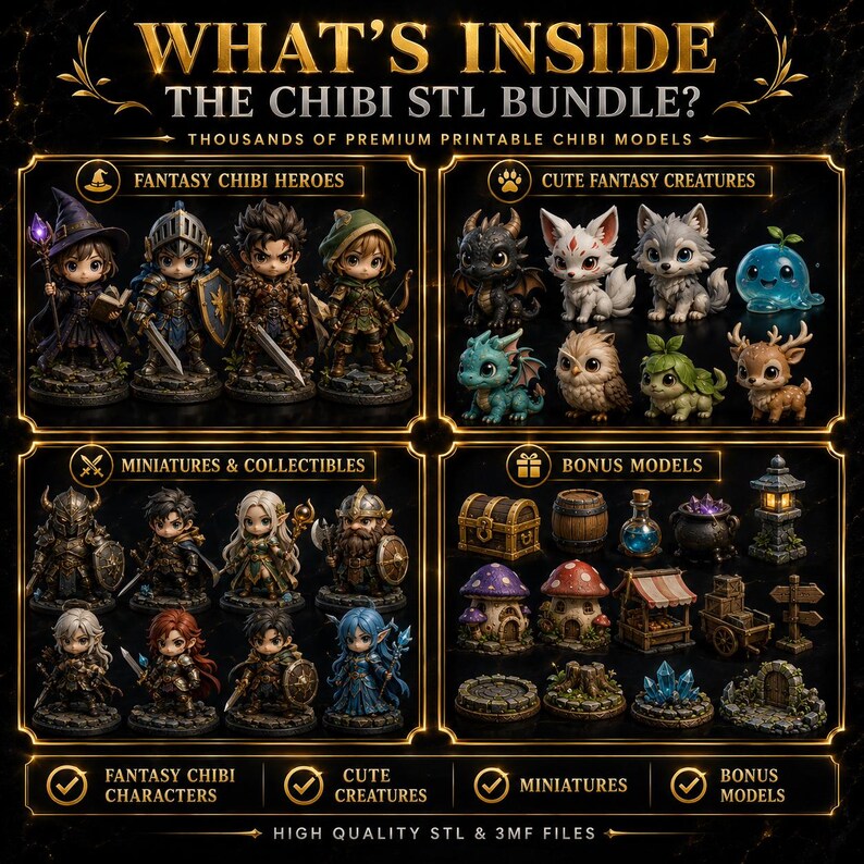 Pu&ograve; includere: Un annuncio digitale intitolato WHAT'S INSIDE THE CHIBI STL BUNDLE? che mostra quattro sezioni categorizzate di figurine in miniatura, inclusi eroi fantasy, creature, oggetti da collezione e modelli bonus come forzieri, barili e funghi.