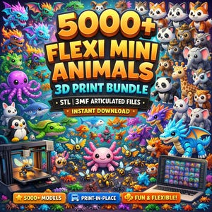 May include: A vibrant graphic promoting a 3D print bundle of flexi mini animals. The image features numerous colorful, cartoon-style creatures, including dragons, pandas, and insects. Text on the image reads "5000+ FLEXI MINI ANIMALS 3D PRINT BUNDLE".