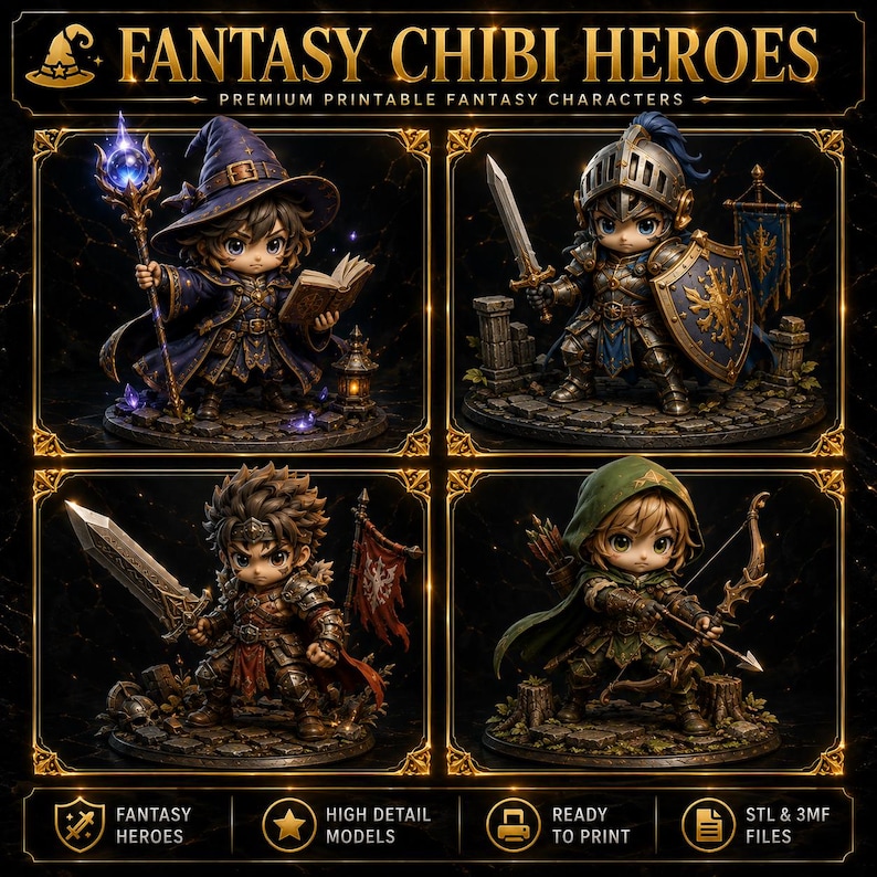 Pu&ograve; includere: Una collezione di quattro modelli digitali di personaggi fantasy chibi intitolata FANTASY CHIBI HEROES. Il set include un mago con bastone e libro, un cavaliere con spada e scudo, un guerriero con una grande lama e un arciere con arco e freccia.