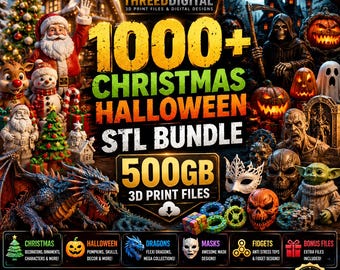 Könnte beinhalten: Eine digitale Sammlung von über 1000 3D-Druckdateien für Weihnachten und Halloween mit insgesamt 500 GB. Das Bild zeigt eine Collage aus 3D-Modellen wie dem Weihnachtsmann, einem Drachen, Totenköpfen, Kürbissen und einem Geist mit Textbeschriftungen.