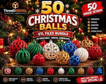 Könnte beinhalten: Ein digitales Paket mit 50 Weihnachtskugel-Ornamenten, das verschiedene geometrische, texturierte und festliche 3D-druckbare STL-Dateidesigns enthält. Das Bild zeigt mehrere bunte kugelförmige Dekorationen in Rot, Grün, Blau, Weiß und Gold.