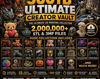 Könnte beinhalten: Eine digitale Werbegrafik für den 900TB Ultimate Creator Vault, eine Sammlung von über 2.000.000 STL- und 3MF-Dateien für den 3D-Druck. Das Bild zeigt verschiedene 3D-Modelle, darunter Drachen, Roboter, Fahrzeuge und Skulpturen.