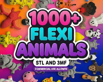 Könnte beinhalten: Ein farbenfrohes Bild mit einer Sammlung flexibler Tierfiguren. Der Text "1000+ FLEXI ANIMALS" ist prominent dargestellt, zusammen mit "STL AND 3MF" und "COMMERCIAL USE ALLOWED". Die Figuren umfassen einen Tiger, eine Giraffe und einen Elefanten.