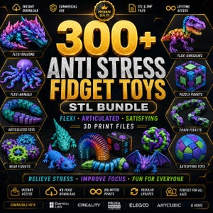Könnte beinhalten: Ein digitales Paket mit über 300 Anti-Stress-Fidget-Spielzeugen, das 3D-Druckdateien für bewegliche Drachen, Dinosaurier, Tiere, Puzzlewürfel, Ketten, Zahnräder und Kugeln in leuchtenden Lila-, Blau-, Grün- und Regenbogenfarben enthält.