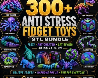 Könnte beinhalten: Ein digitales Paket mit über 300 Anti-Stress-Fidget-Spielzeugen, das 3D-Druckdateien für bewegliche Drachen, Dinosaurier, Tiere, Puzzlewürfel, Ketten, Zahnräder und Kugeln in leuchtenden Lila-, Blau-, Grün- und Regenbogenfarben enthält.