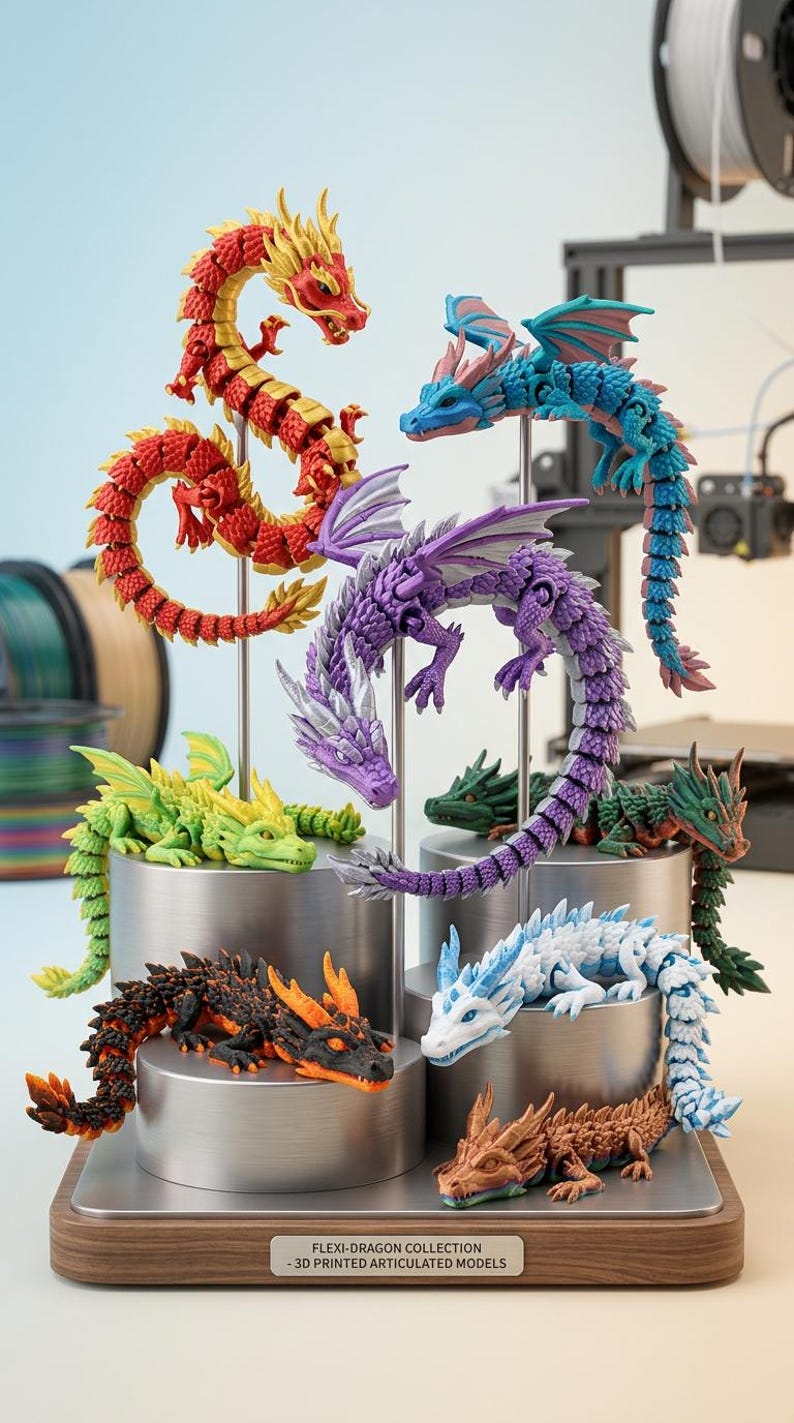 May include: A collection of colorful, 3D-printed articulated dragon models. Dragons in red, yellow, blue, purple, green, black, white, and brown are displayed on metal stands. The text "FLEXI-DRAGON COLLECTION - 3D PRINTED ARTICULATED MODELS" is visible.