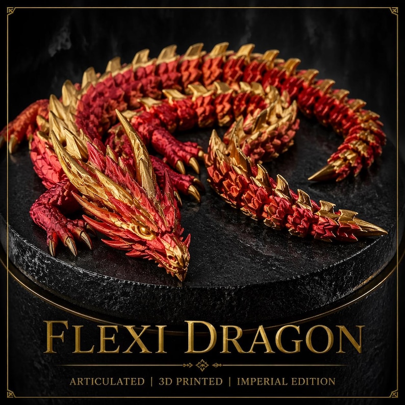 May include: A red and gold articulated 3D-printed Flexi Dragon figurine. The dragon is posed on a dark surface, with the text "FLEXI DRAGON" below. The dragon's scales and details are intricately designed, showcasing a blend of red and gold colors.