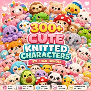 May include: A digital collection of 300+ cute knitted characters featuring various animals and objects like a unicorn, sloth, bear, duck, octopus, mushroom, elephant, panda, and avocado. The text reads 300+ CUTE KNITTED CHARACTERS STL / 3MF BUNDLE.