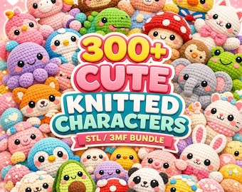 Könnte beinhalten: Eine digitale Sammlung von über 300 niedlichen gestrickten Charakteren mit verschiedenen Tieren und Objekten wie Einhorn, Faultier, Bär, Ente, Krake, Pilz, Elefant, Panda und Avocado. Der Text lautet 300+ CUTE KNITTED CHARACTERS STL / 3MF BUNDLE.