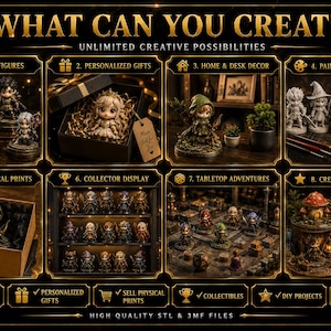 Pu&ograve; includere: Un pannello digitale intitolato WHAT CAN YOU CREATE? che mostra otto sezioni con statuette in miniatura in vari contesti, tra cui scatole regalo, scaffali, materiali per pittura e scenari di giochi da tavolo con file STL e 3MF di alta qualit&agrave;.