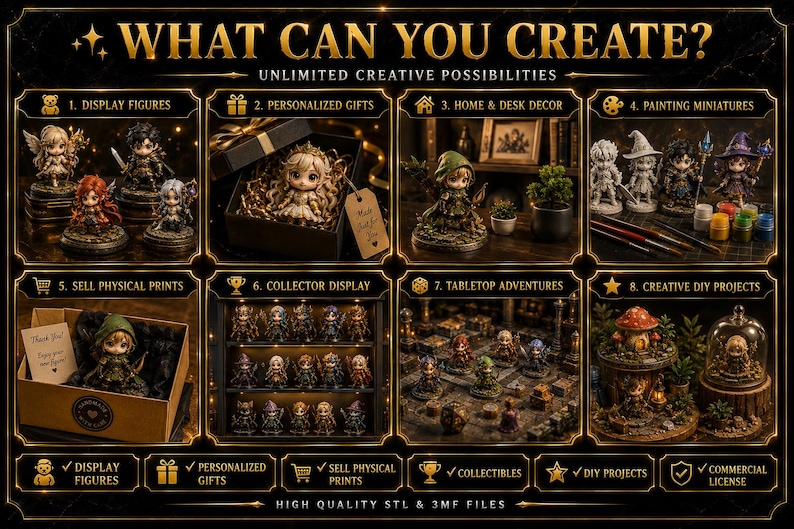 Pu&ograve; includere: Un pannello digitale intitolato WHAT CAN YOU CREATE? che mostra otto sezioni con statuette in miniatura in vari contesti, tra cui scatole regalo, scaffali, materiali per pittura e scenari di giochi da tavolo con file STL e 3MF di alta qualit&agrave;.