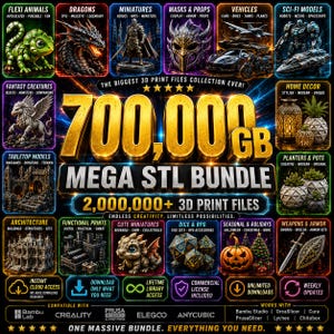 May include: A digital promotional graphic for a 700,000 GB mega STL bundle containing over 2,000,000 3D print files. The image features categorized thumbnails of 3D models including animals, dragons, miniatures, masks, vehicles, sci-fi models, home decor, and weapons.