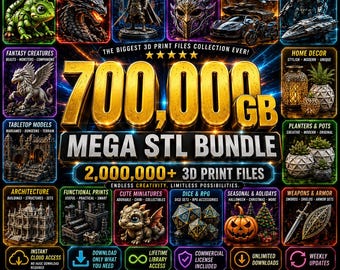 Könnte beinhalten: Eine digitale Werbegrafik für ein 700.000 GB Mega-STL-Paket mit über 2.000.000 3D-Druckdateien. Das Bild zeigt kategorisierte Vorschaubilder von 3D-Modellen, darunter Tiere, Drachen, Miniaturen, Masken, Fahrzeuge, Sci-Fi-Modelle und Wohnkultur.