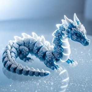 May include: A blue and white dragon figurine with snowflake details. The dragon has a long, serpentine body with white spikes and snowflake patterns. The figurine is a fantasy-themed item, perfect for collectors or as a decorative piece.