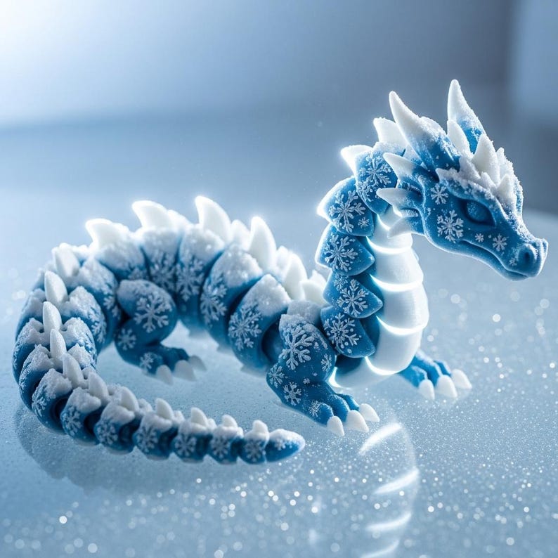 May include: A blue and white dragon figurine with snowflake details. The dragon has a long, serpentine body with white spikes and snowflake patterns. The figurine is a fantasy-themed item, perfect for collectors or as a decorative piece.
