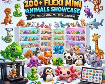 Könnte beinhalten: Ein lebendiges Bild, das eine Sammlung von über 200 Flexi Mini Tierdesigns zeigt. Die Präsentation umfasst eine Vielzahl von niedlichen, beweglichen und sammelbaren Tierfiguren, wie eine Giraffe, ein Panda und ein Pinguin. Der Text lautet "MEGA COLLECTION: 200+ FLEXI MINI ANIMALS SHOWCASE."