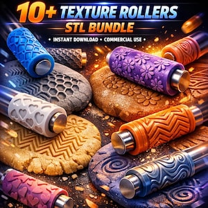 May include: An image showcasing a collection of texture rollers with various patterns, including hearts, flowers, and geometric designs. The rollers are displayed alongside samples of textured materials. Text on the image reads "10+ Texture Rollers STL Bundle".