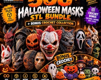 Könnte beinhalten: Ein digitales Paket mit 500 Halloween-Masken im STL-Format für den 3D-Druck, inklusive einer Bonus-Sammlung von Häkelanleitungen. Das Bild zeigt verschiedene detaillierte Monster- und Charaktermasken neben kleinen gehäkelten Halloween-Figuren.