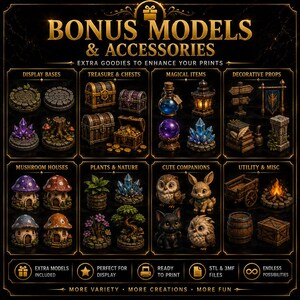 Pu&ograve; includere: Un catalogo digitale intitolato BONUS MODELS & ACCESSORIES che mostra otto categorie di oggetti stampabili in 3D, tra cui basi da esposizione, forzieri, oggetti magici, oggetti di scena decorativi, case a fungo, piante, natura e figurine.