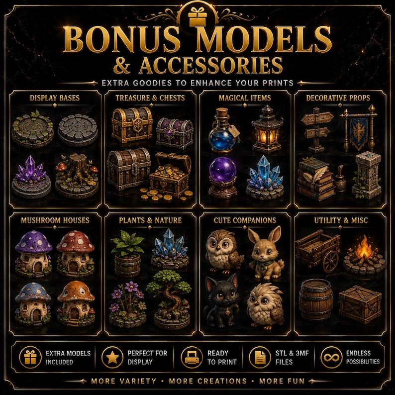 Pu&ograve; includere: Un catalogo digitale intitolato BONUS MODELS & ACCESSORIES che mostra otto categorie di oggetti stampabili in 3D, tra cui basi da esposizione, forzieri, oggetti magici, oggetti di scena decorativi, case a fungo, piante, natura e figurine.