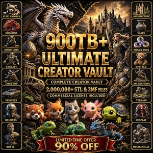 Puede incluir: Una colección digital titulada 900TB+ Ultimate Creator Vault con más de 2.000.000 de archivos STL y 3MF. La imagen muestra un dragón de fantasía, un castillo, guerreros con armadura y varias figuras de animales pequeños con categorías.