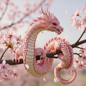 May include: A pink dragon sculpture with intricate scale details, perched on a tree branch amidst blooming cherry blossoms. The dragon has red eyes and is surrounded by soft pink petals, creating a serene and fantastical scene.