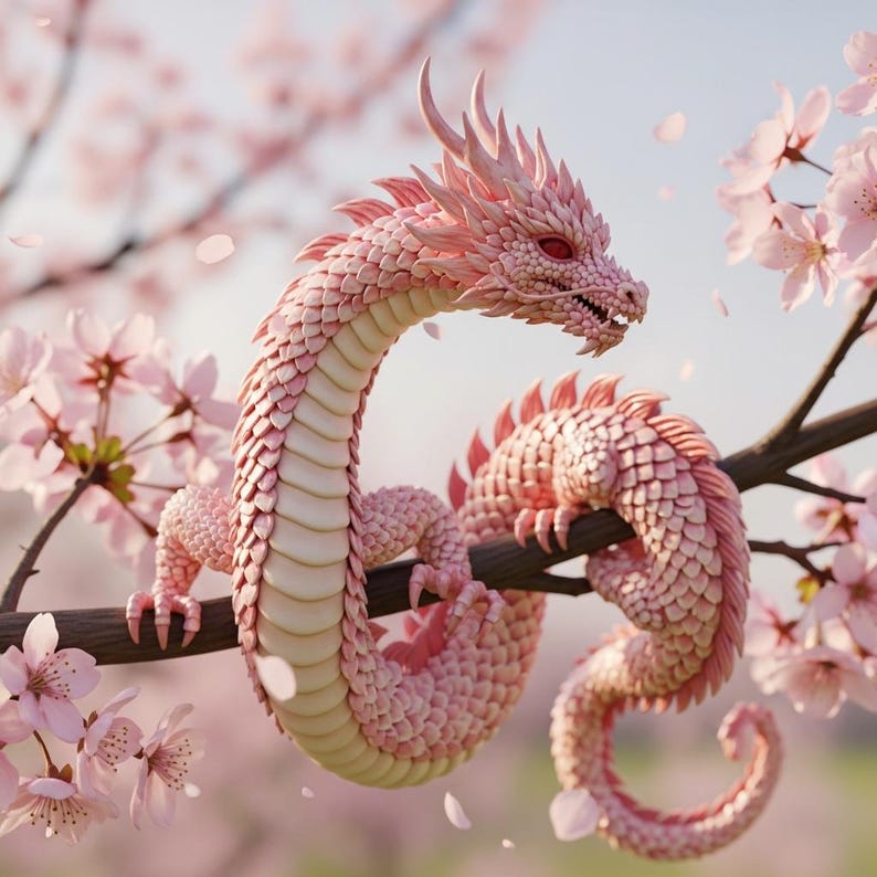 May include: A pink dragon sculpture with intricate scale details, perched on a tree branch amidst blooming cherry blossoms. The dragon has red eyes and is surrounded by soft pink petals, creating a serene and fantastical scene.