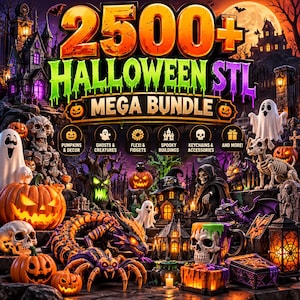 Puede incluir: Una colección digital titulada 2500+ HALLOWEEN STL MEGA BUNDLE que presenta varios modelos imprimibles en 3D, incluyendo calabazas, fantasmas, esqueletos, un dragón, una araña, edificios espeluznantes y una taza con forma de calavera.