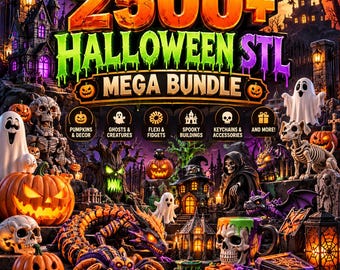 Könnte beinhalten: Eine digitale Sammlung mit dem Titel 2500+ HALLOWEEN STL MEGA BUNDLE, die verschiedene 3D-druckbare Modelle zeigt, darunter Kürbisse, Geister, Skelette, einen Drachen, eine Spinne, gruselige Gebäude und einen Becher in Totenkopfform.