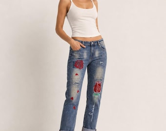 Women's Hand Painted Jeans | Artistic Jeans with Red Rose | Custom Denim | Sustainable Fashion | My Black Beauty