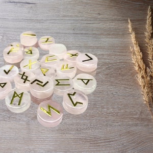 Rose Quartz Crystal Runes set. Viking runes. Elder Futhark