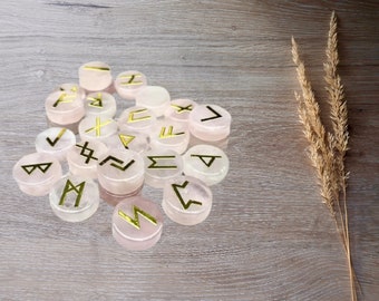 Rose Quartz Crystal Runes set. Viking runes. Elder Futhark