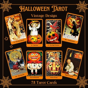 Baraja de tarot vintage de Halloween. Cartas de tarot de "Truco o trato".