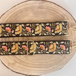 floral bestickter Taschengurt mit goldenen Karabiner, Wechselgurt für Taschen, Ersatzgurt für Crossbody-Taschen, Kameragurt mit Blumen