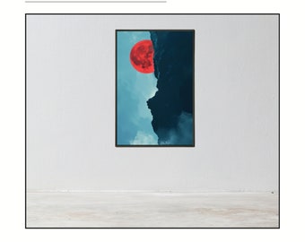 Majestätische Berge-Roter Mond Kunstdruck| "Perspective"| Modernes Wandbild| Wohnzimmer-Deko| Variabler Größe/Rahmen